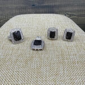 OTC Sterling Silver Black and Clear Pave CZ Ring Pendant and Earrings Set